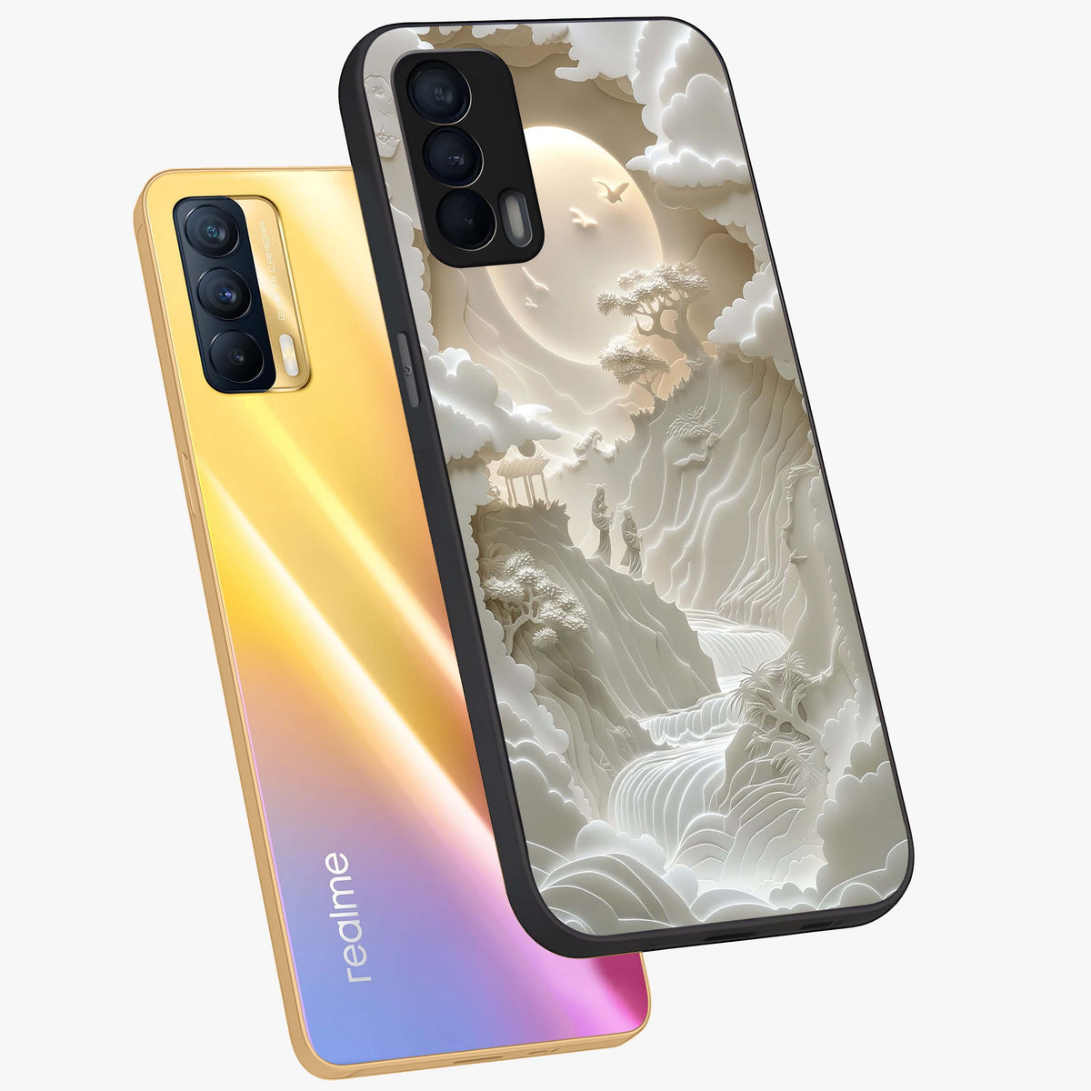 Celestial Origami Glass Case displayed in angled mockup highlighting geometric origami design with cosmic aesthetic theme.