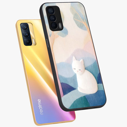 Cotton Dream Cat Glass Case displayed in angled mockup highlighting cute feline illustration with pastel aesthetic style.