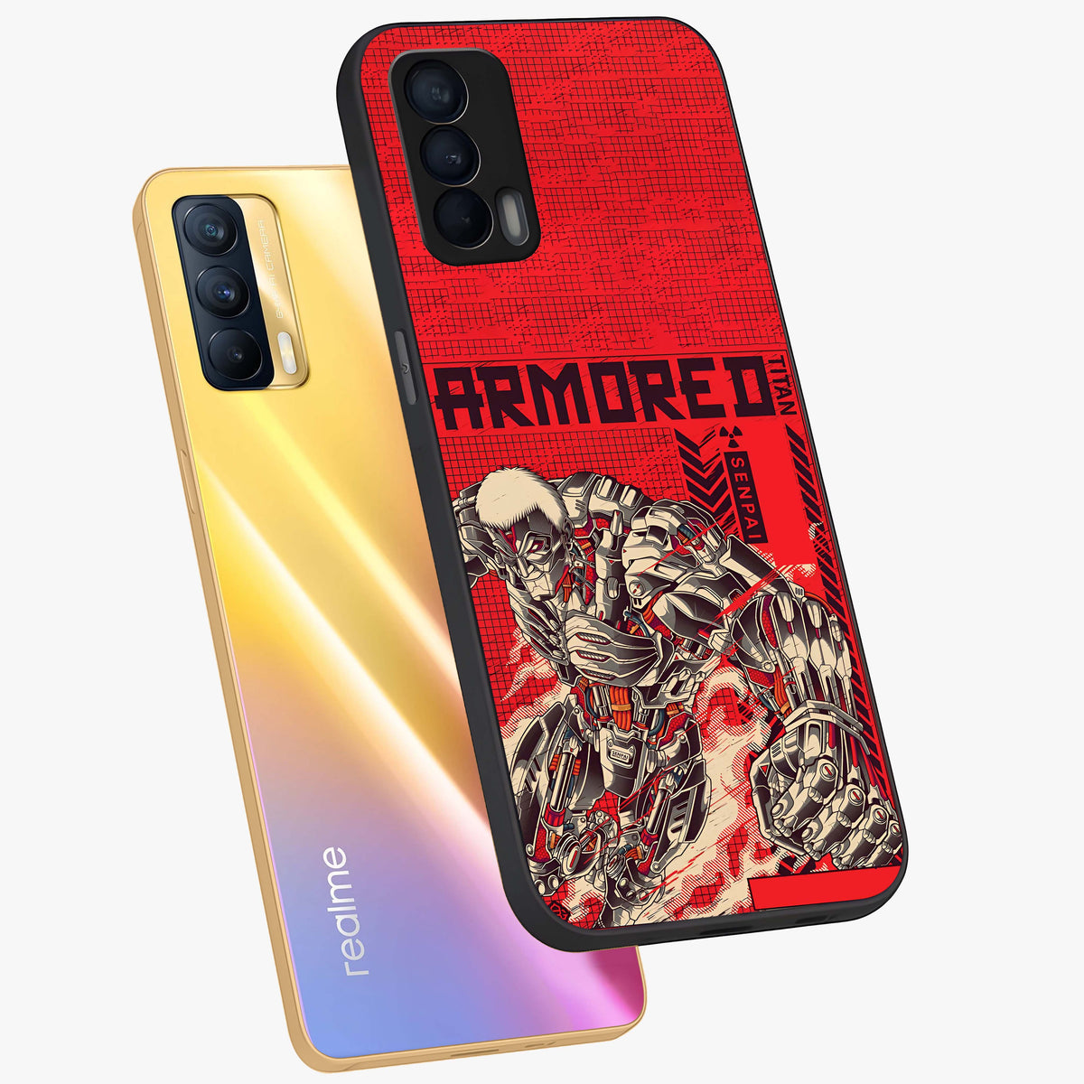 Crimson Mecha Titan Glass Case displayed in angled mockup highlighting futuristic mech illustration with bold crimson aesthetic.