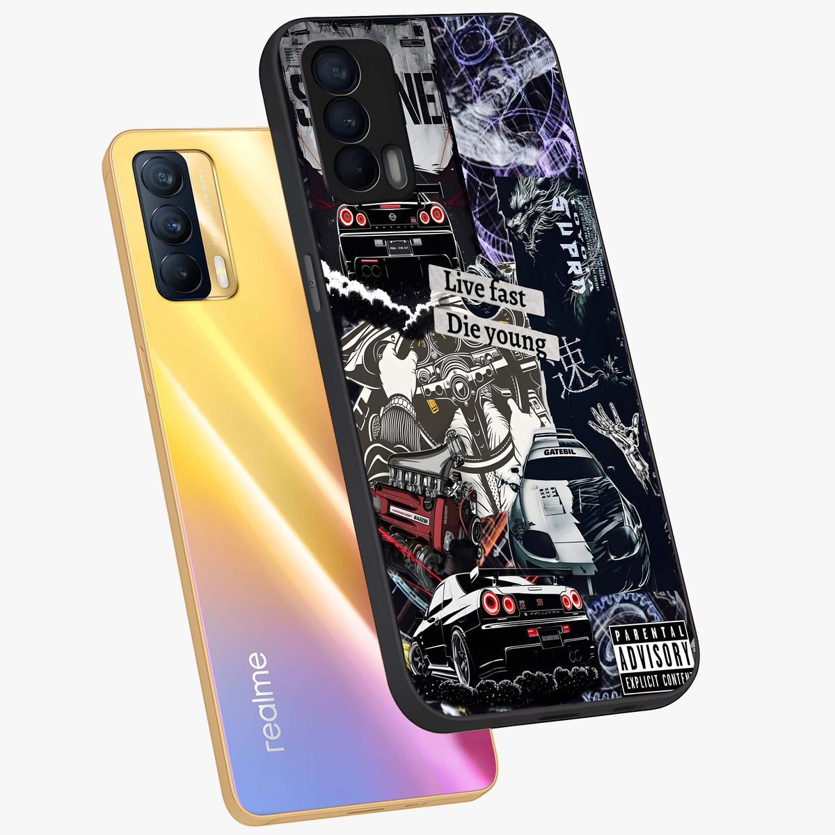 Die Young Glass Case displayed in angled mockup highlighting expressive graphic artwork with edgy aesthetic style.