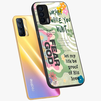 Faith Over Fear Glass Case displayed in angled mockup highlighting inspirational message design with modern aesthetic style.