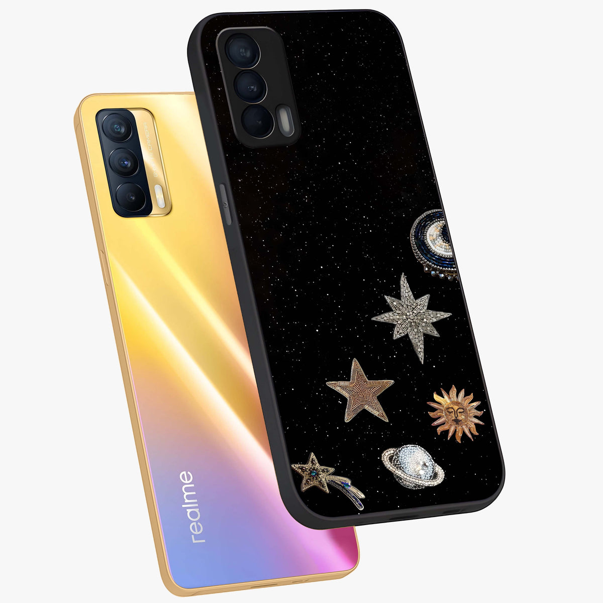 Galactic Charm Glow Glass Case displayed in angled mockup highlighting luminous galaxy inspired design with dreamy aesthetic.