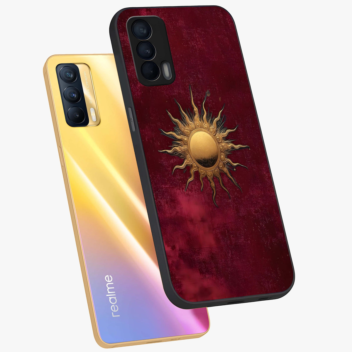 Golden Sun Minimalism Glass Case displayed in angled mockup highlighting clean sun symbol design with modern minimal aesthetic.