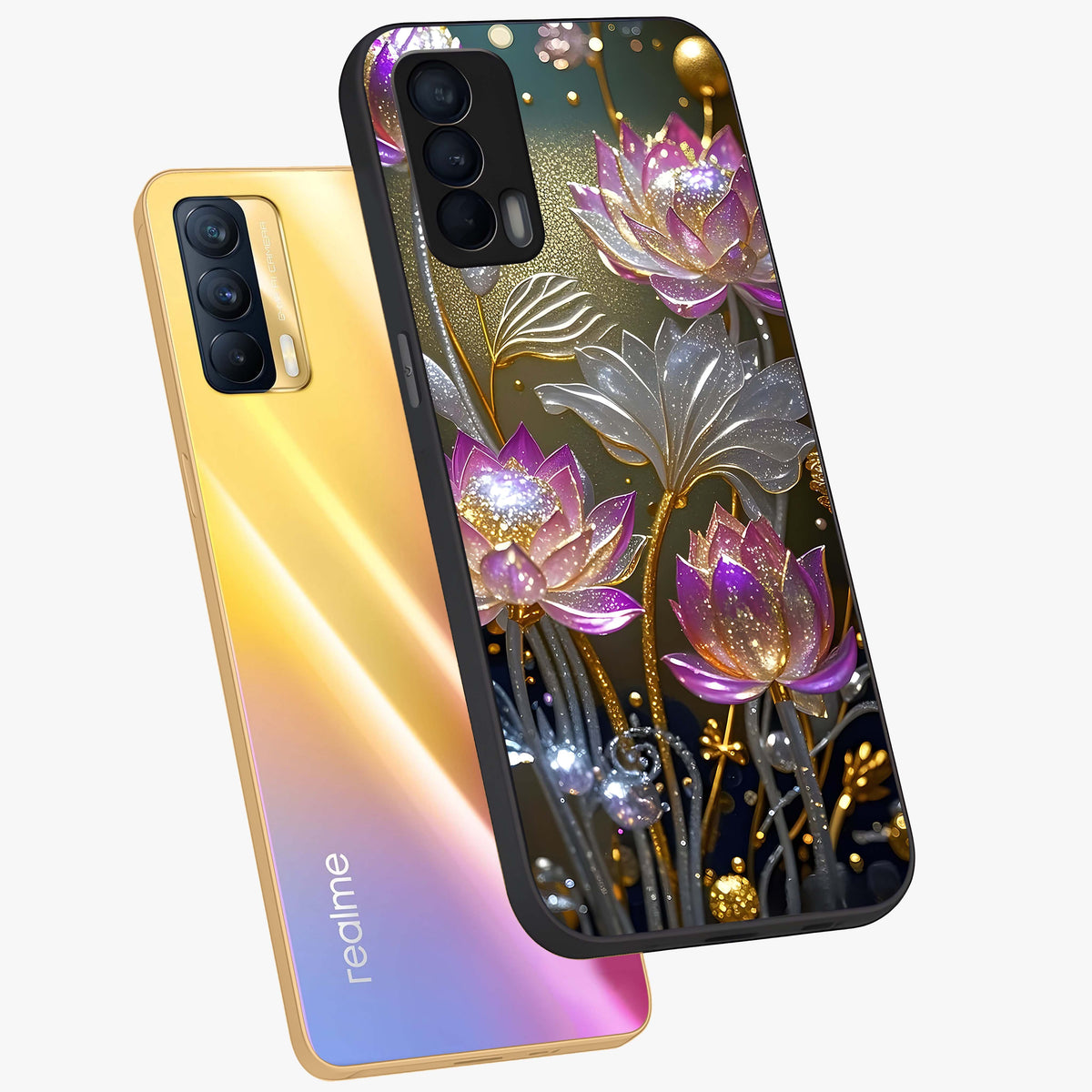 Golden Floral Majesty Glass Case displayed in angled mockup highlighting elegant flower design with royal golden aesthetic.