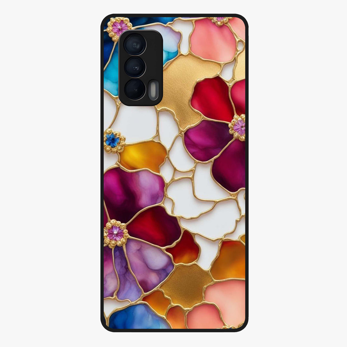 Marble Flower Pattern Glass Case showing flat back view with marble texture floral artwork and glossy glass finish.