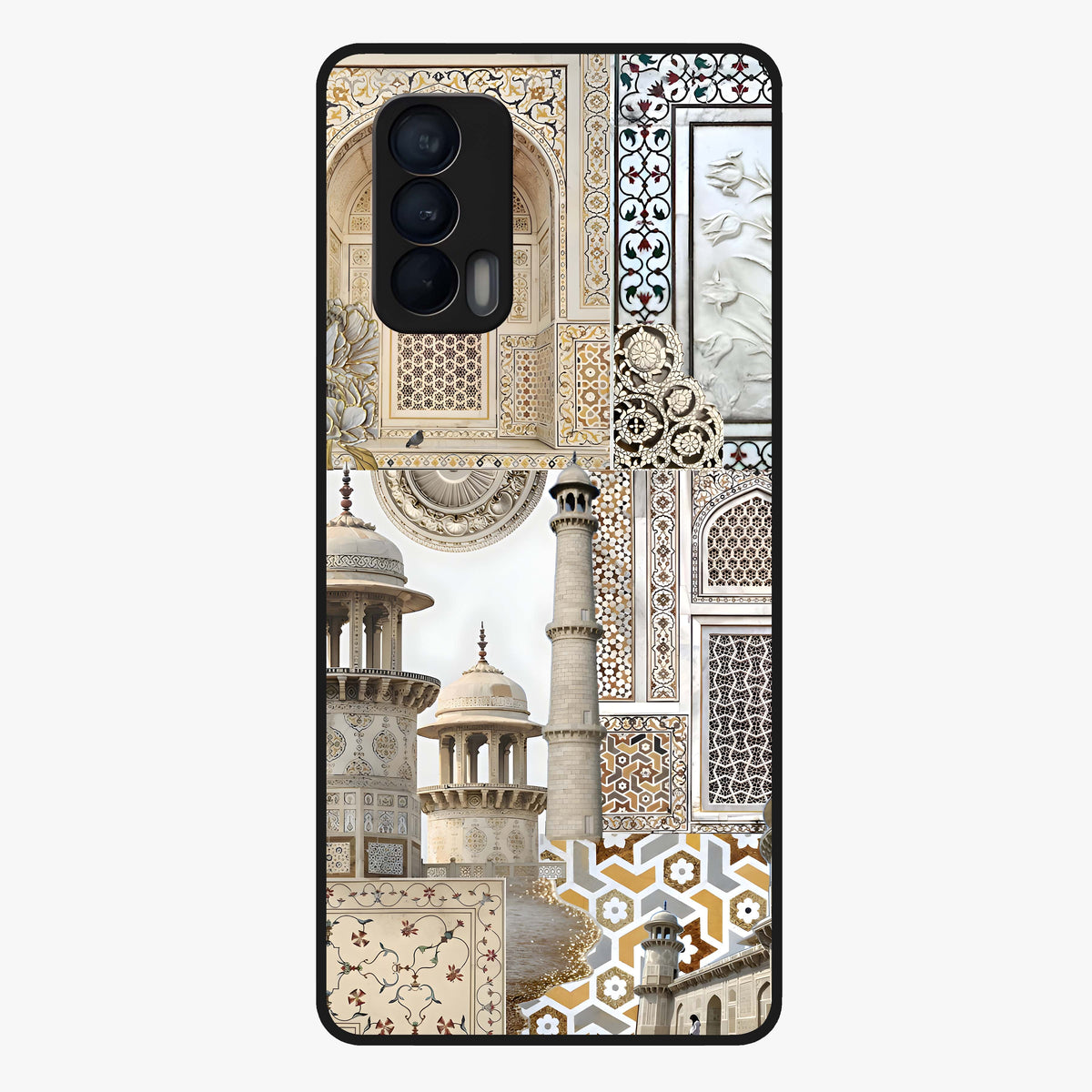 Mughal Marble Legacy Glass Case showing flat back view with intricate Mughal inspired marble pattern and glossy glass finish.