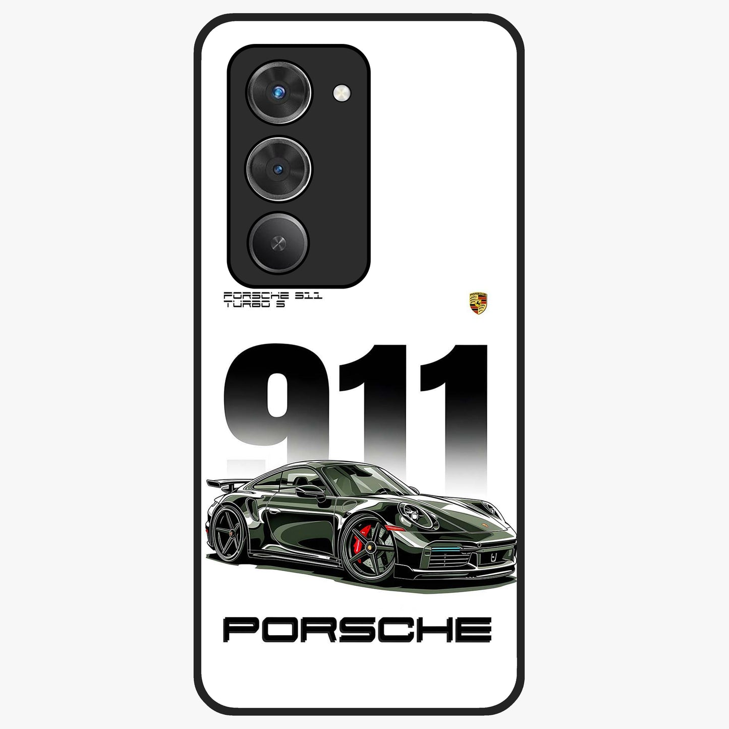 911 Turbo Dominance Glass Case showing clean flat back view with bold 911 sports car artwork and glossy glass finish.