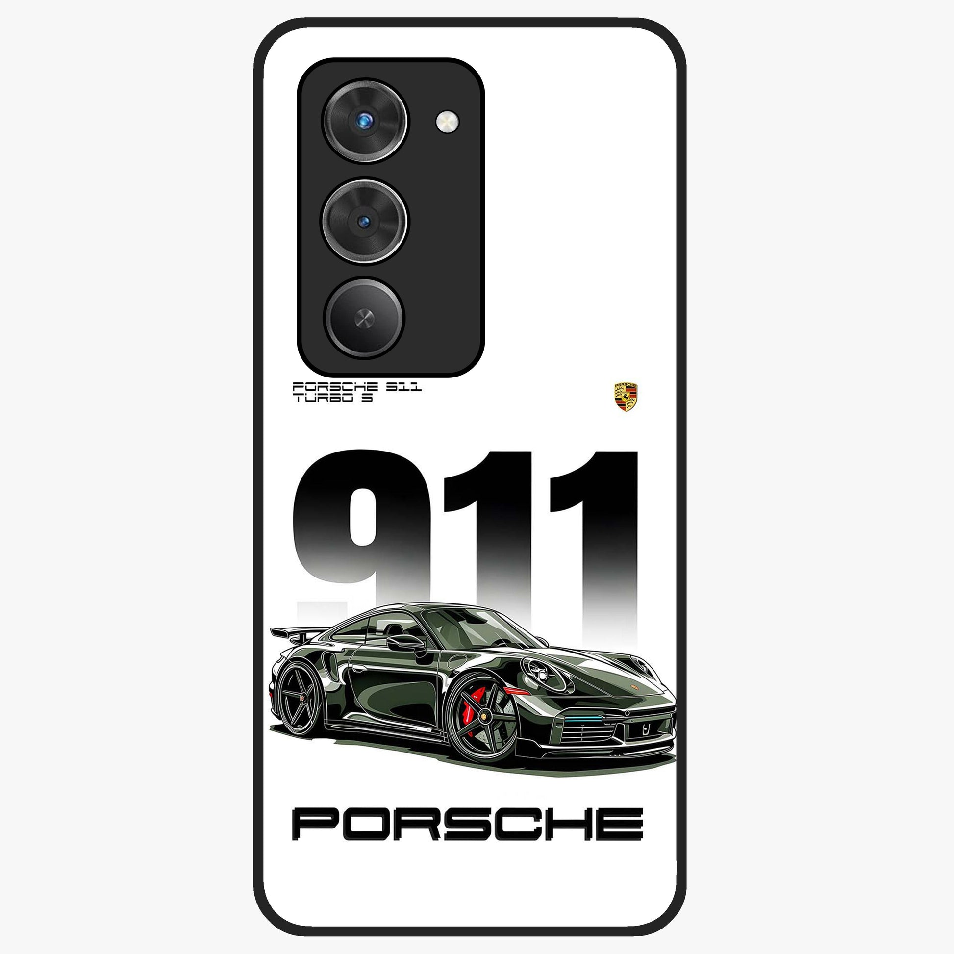 911 Turbo Dominance Glass Case showing clean flat back view with bold 911 sports car artwork and glossy glass finish.