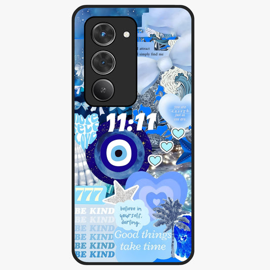 Aesthetic Be Kind Eye Glass Case showing flat back view with motivational eye artwork and glossy glass finish.
