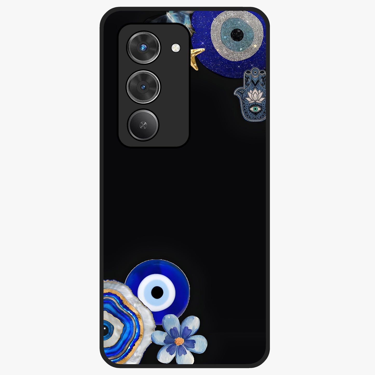 Aesthetic Blue Evil Eye Glass Case showing flat back view with protective evil eye artwork and glossy glass finish.