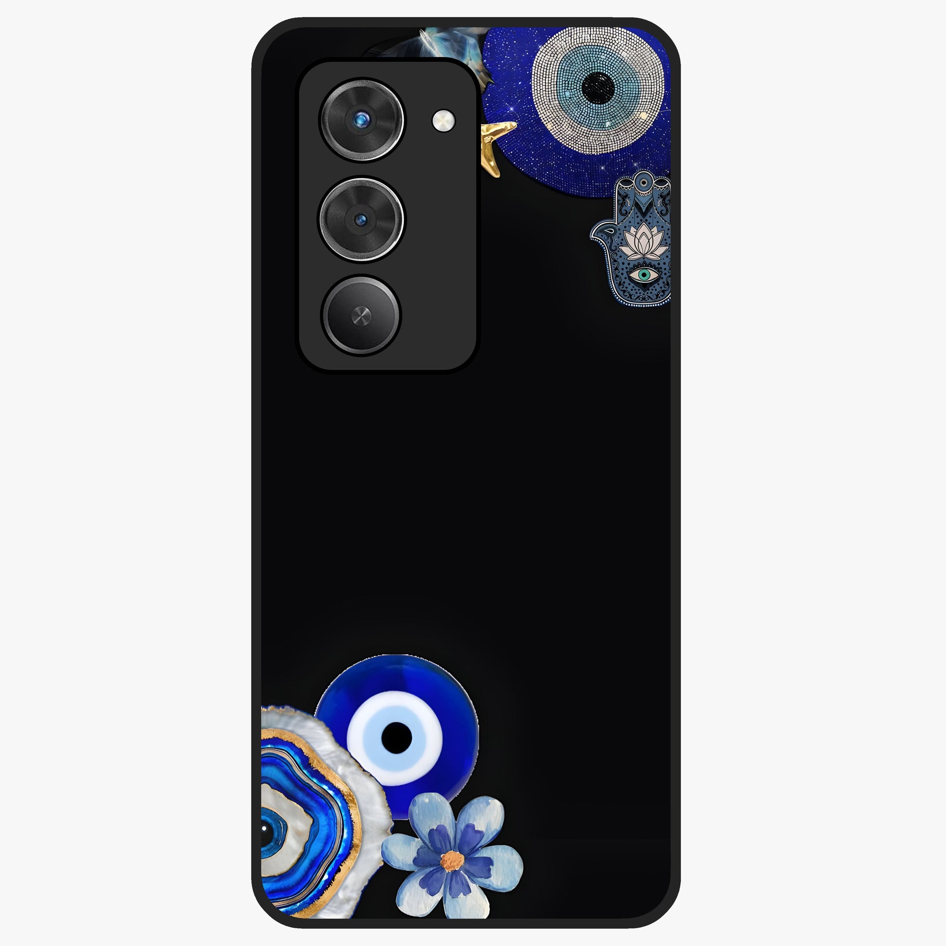 Aesthetic Blue Evil Eye Glass Case showing flat back view with protective evil eye artwork and glossy glass finish.