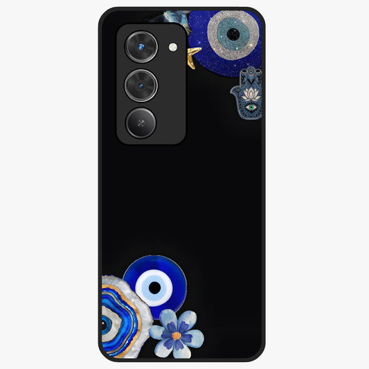 Aesthetic Blue Evil Eye Glass Case showing flat back view with protective evil eye artwork and glossy glass finish.
