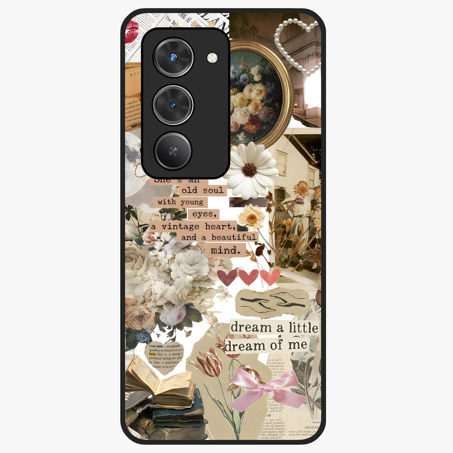 Aesthetic Brown Vintage Collage Glass Case showing flat back view with retro collage artwork and glossy glass finish.