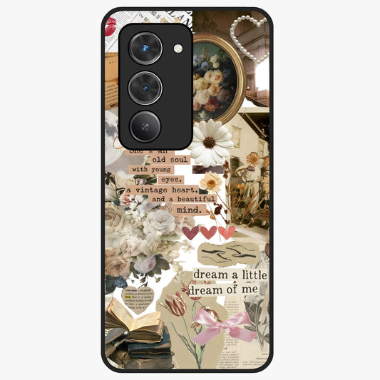 Aesthetic Brown Vintage Collage Glass Case showing flat back view with retro collage artwork and glossy glass finish.