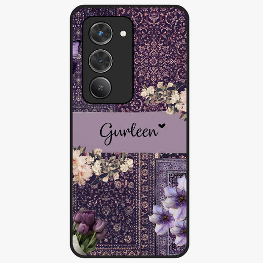 Antique Floral Whisper Custom Name Glass Case showing flat back view with vintage floral artwork and personalized name design.