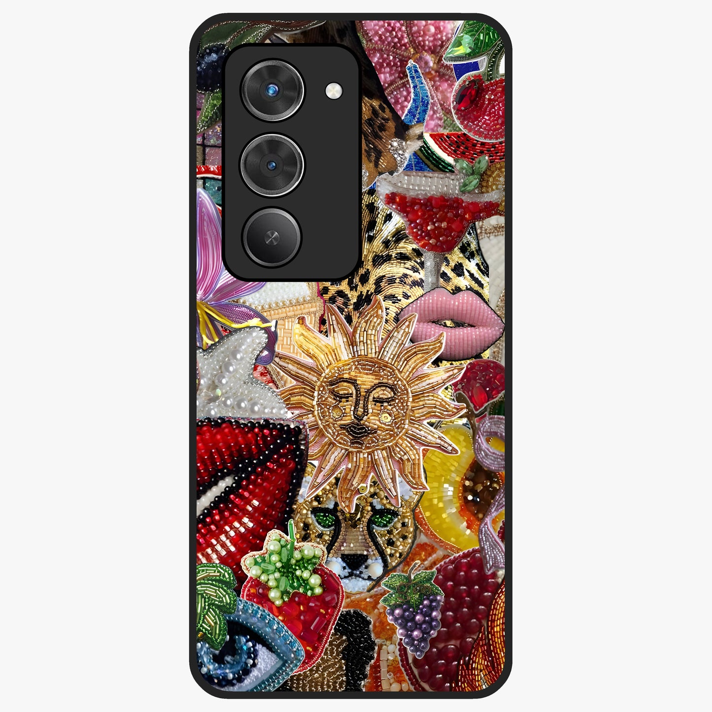 Beaded Fashion Jungle Glass Case showing flat back view with vibrant jungle inspired bead artwork and glossy glass finish.