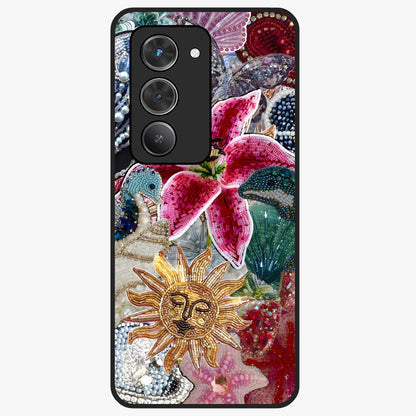 Beaded Garden Fantasy Glass Case showing flat back view with dreamy garden bead artwork and glossy glass finish.