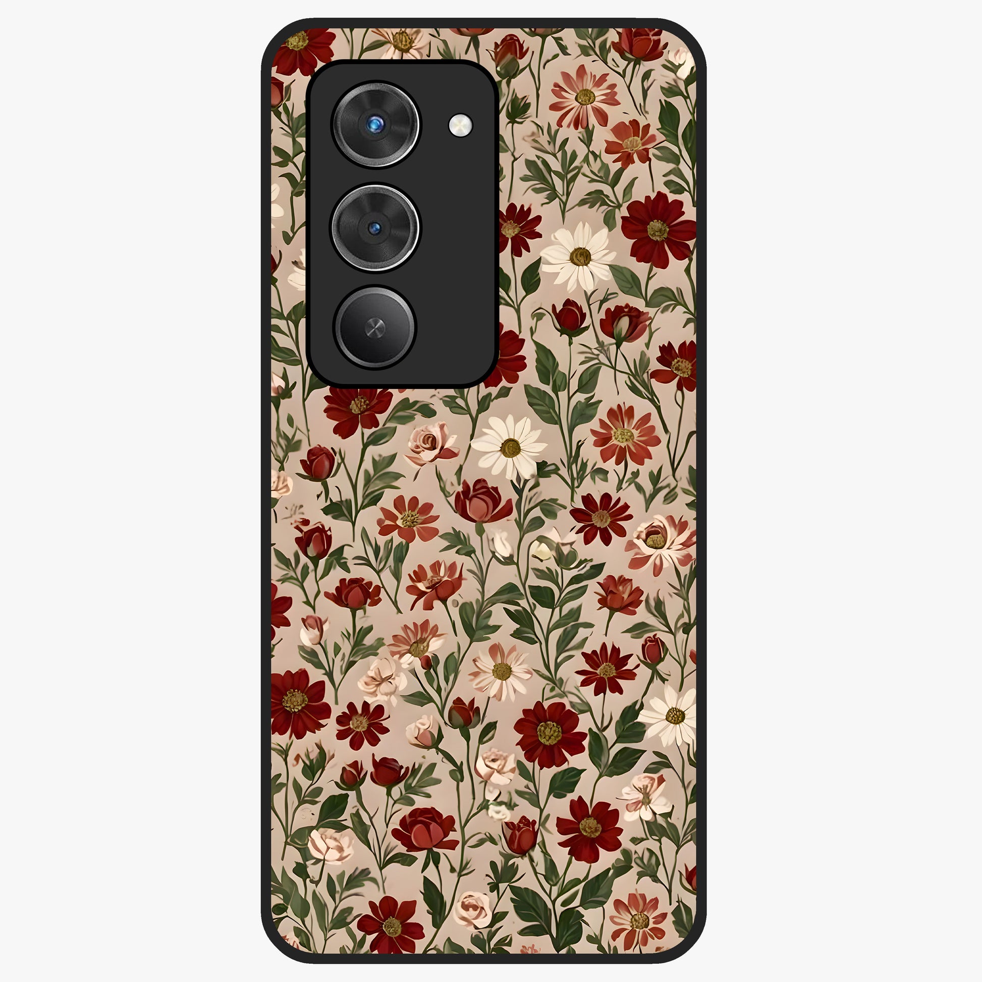 Biege Flower With Leaf Glass Case showing flat back view with soft beige floral artwork and glossy glass finish.
