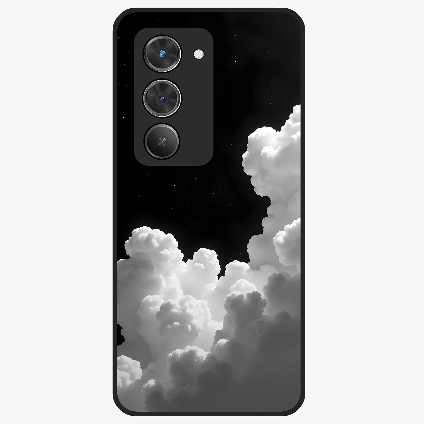 Black Background With White Cloud Glass Case showing flat back view with minimal cloud artwork on dark background and glossy glass finish.