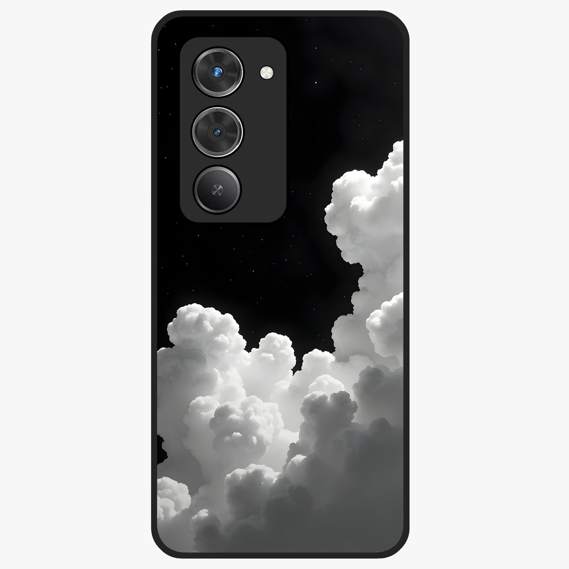 Black Background With White Cloud Glass Case showing flat back view with minimal cloud artwork on dark background and glossy glass finish.