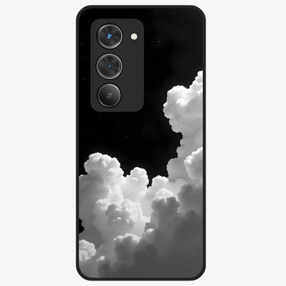 Black Background With White Cloud Glass Case showing flat back view with minimal cloud artwork on dark background and glossy glass finish.