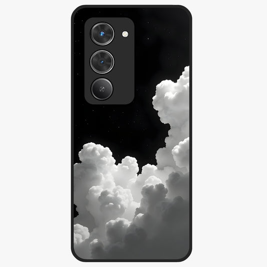 Black Background With White Cloud Glass Case showing flat back view with minimal cloud artwork on dark background and glossy glass finish.