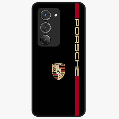 Black Minimal Porsche Glass Case showing flat back view with sleek minimal sports car artwork and glossy glass finish.