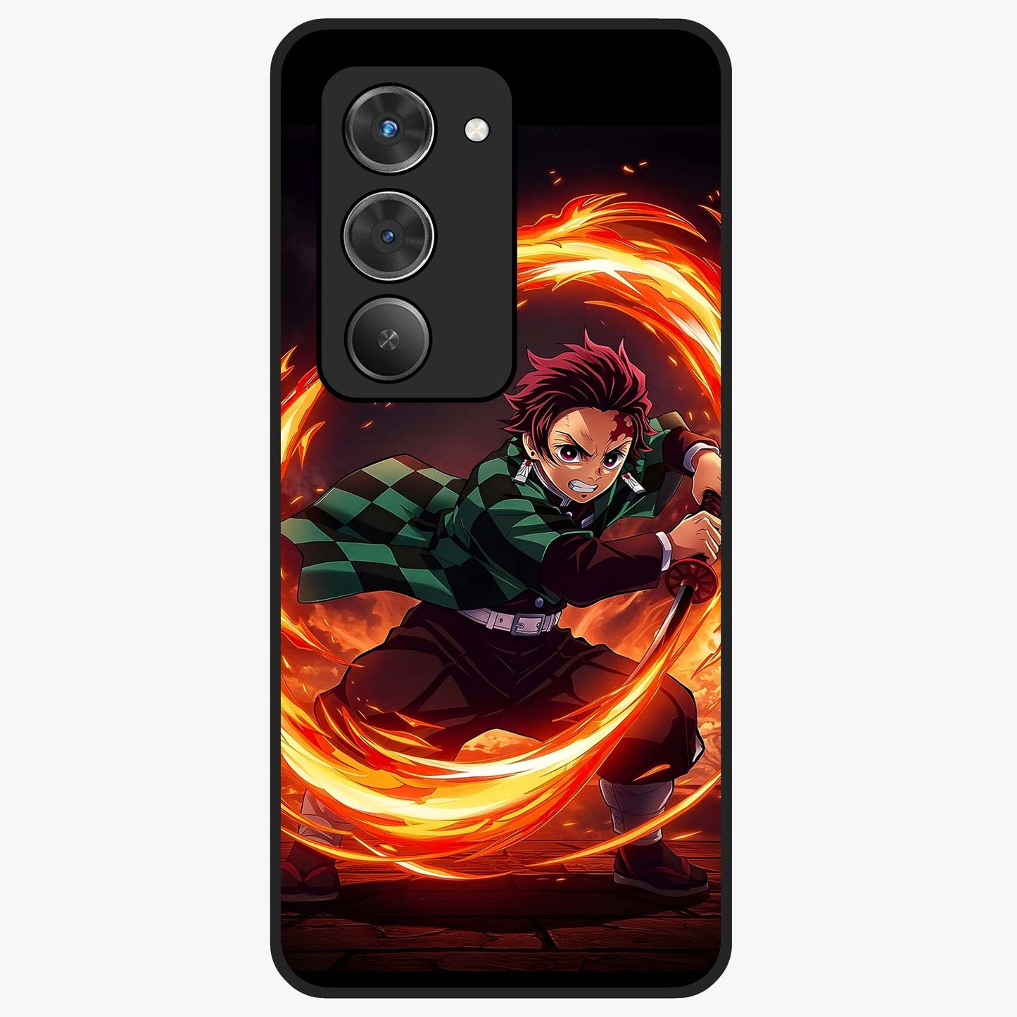 Blazing Sword Resolve Glass Case showing flat back view with fiery sword artwork and glossy glass finish.