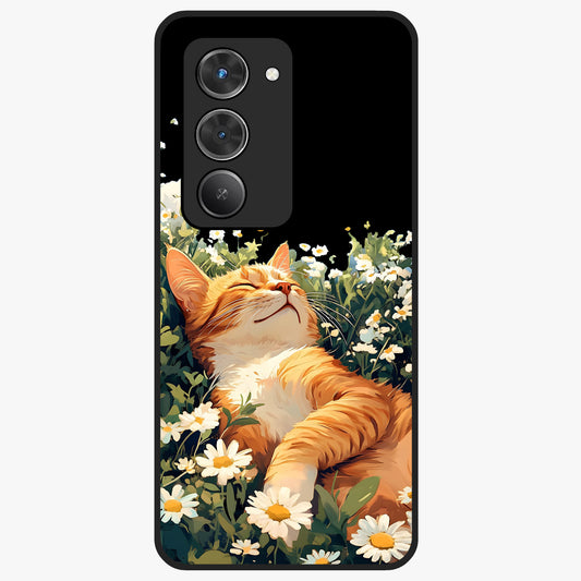Blissful Bloom Cat Glass Case showing flat back view with cute cat and floral bloom artwork and glossy glass finish.
