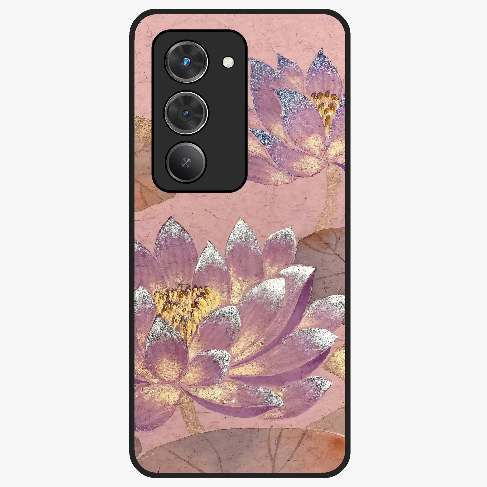 Blossom Mist Lotus Glass Case showing flat back view with serene lotus blossom artwork and glossy glass finish.