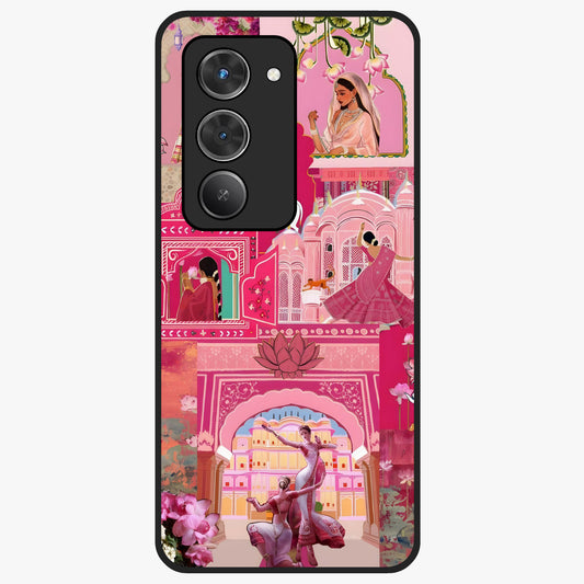 Blossoms of Rajasthan Glass Case showing flat back view with traditional floral artwork inspired by Rajasthan and glossy glass finish.