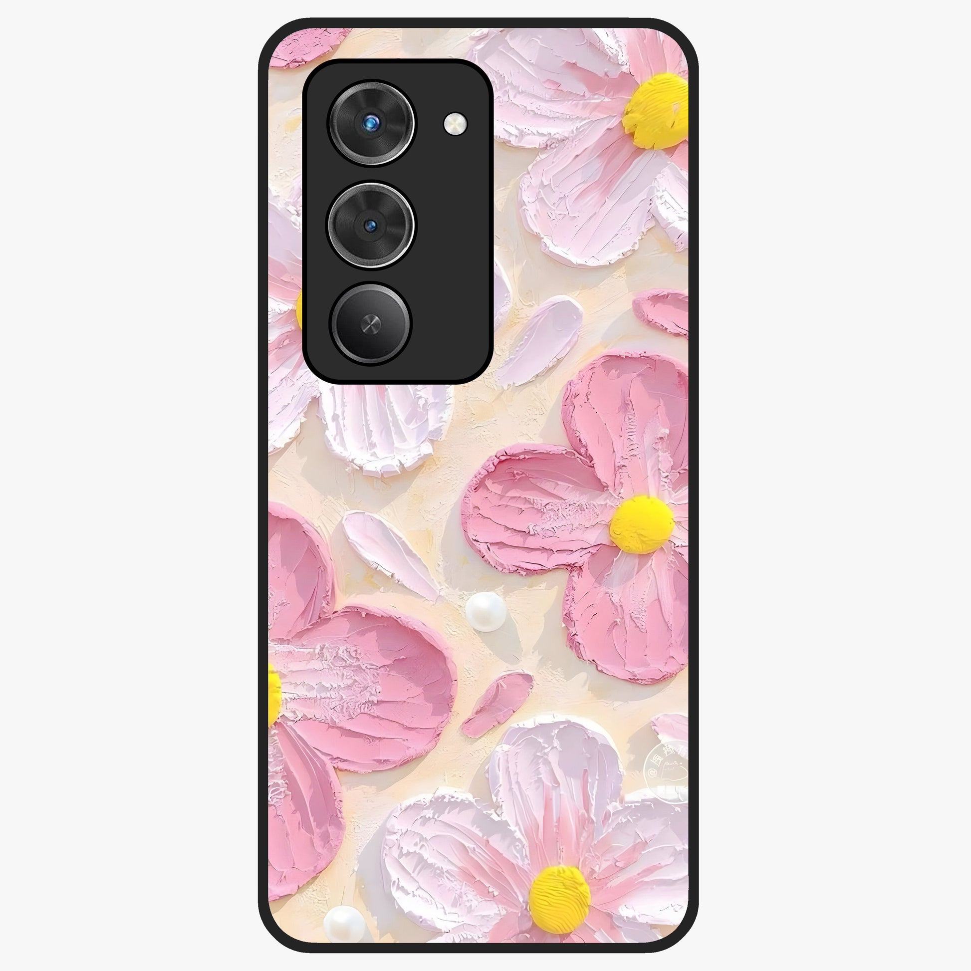 Blush Bloom Texture Glass Case showing flat back view with soft blush floral texture artwork and glossy glass finish.