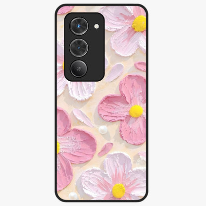 Blush Bloom Texture Glass Case showing flat back view with soft blush floral texture artwork and glossy glass finish.