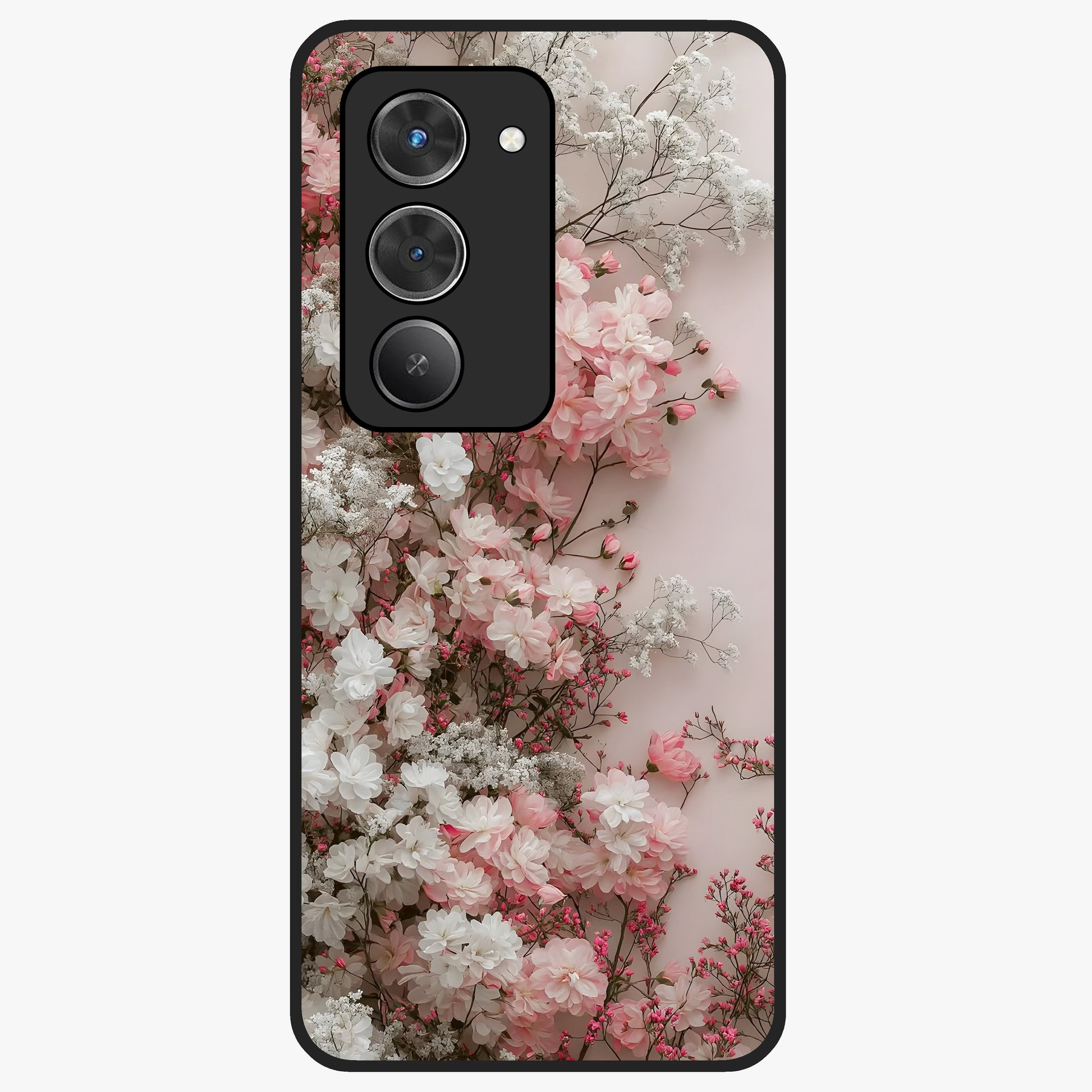 Blush Blossom Cloud Glass Case showing flat back view with dreamy blush cloud blossom artwork and glossy glass finish.
