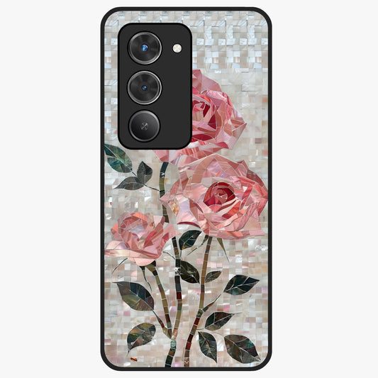 Blush Mosaic Bloom Glass Case showing flat back view with mosaic floral bloom artwork and glossy glass finish.