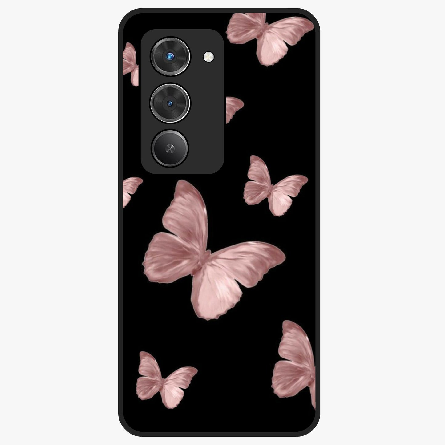 Butterfly Pattern Glass Case showing flat back view with elegant butterfly pattern artwork and glossy glass finish.