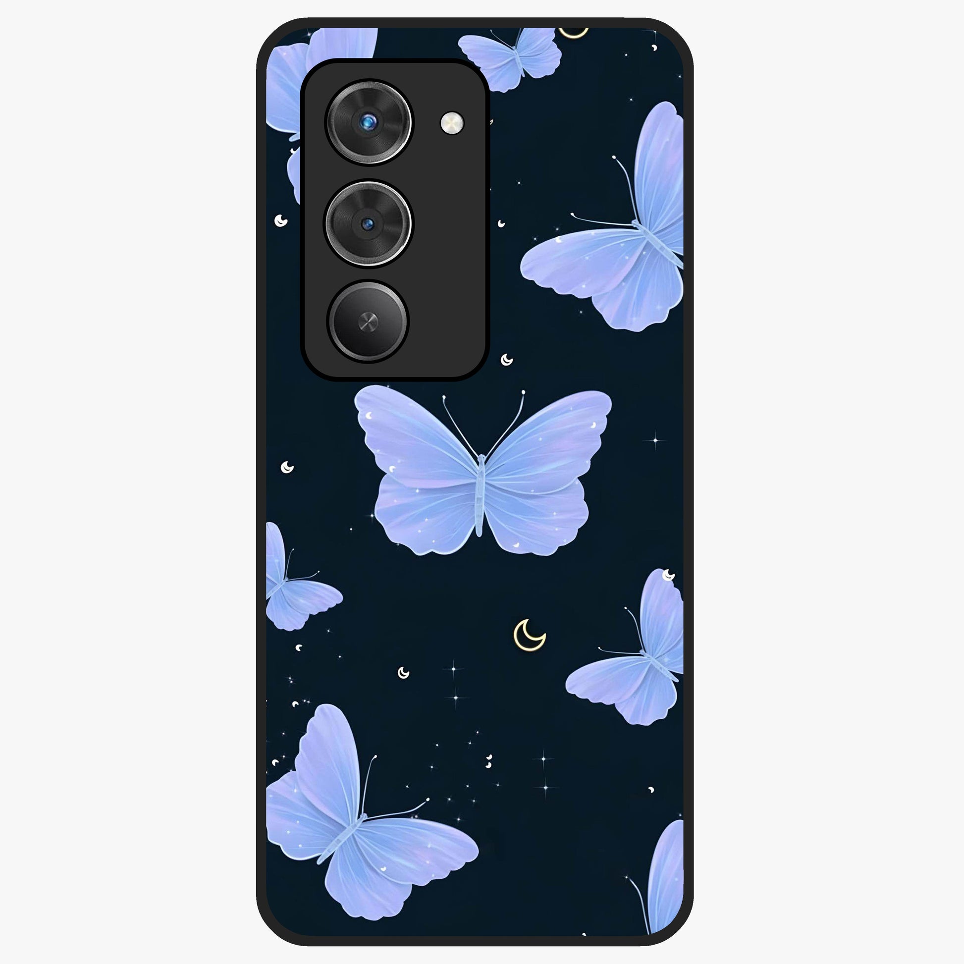 Butterfly With Stars Pattern Glass Case showing flat back view with butterfly and star pattern artwork and glossy glass finish.