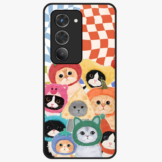 Cats in Fruits Glass Case showing flat back view with playful cat illustrations inside fruit artwork and glossy glass finish.