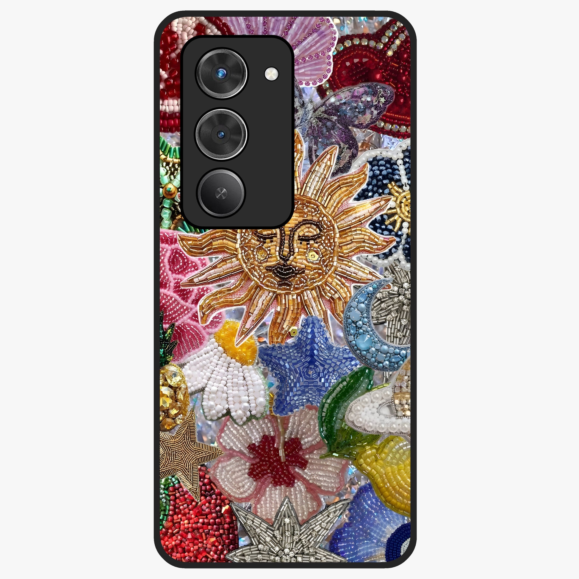 Celestial Floral and Playful Glass Case showing flat back view with floral and celestial themed artwork and glossy glass finish.