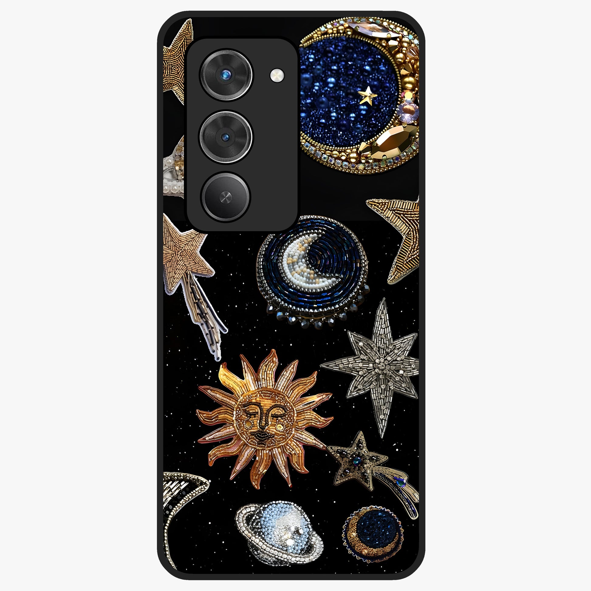 Celestial Gem Constellations Glass Case showing flat back view with sparkling constellation artwork and glossy glass finish.
