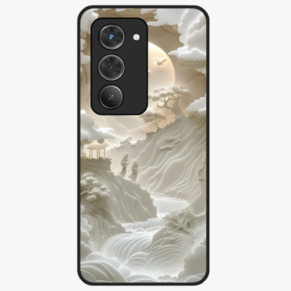 Celestial Origami Glass Case showing flat back view with artistic origami inspired celestial artwork and glossy glass finish.