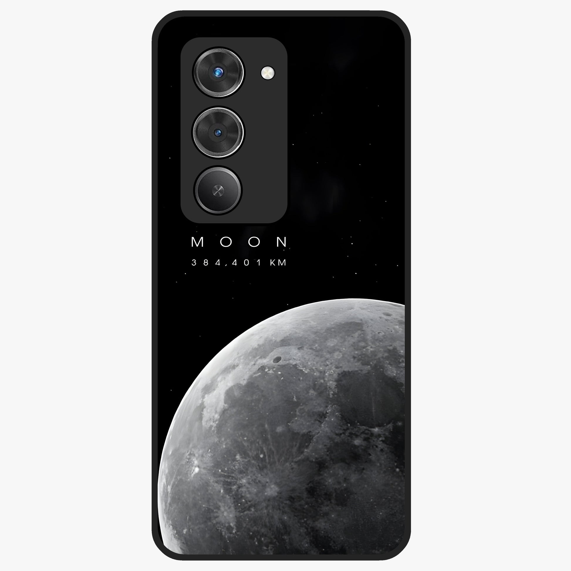 Cosmic Moon Glow Glass Case showing flat back view with glowing moon artwork and glossy glass finish.