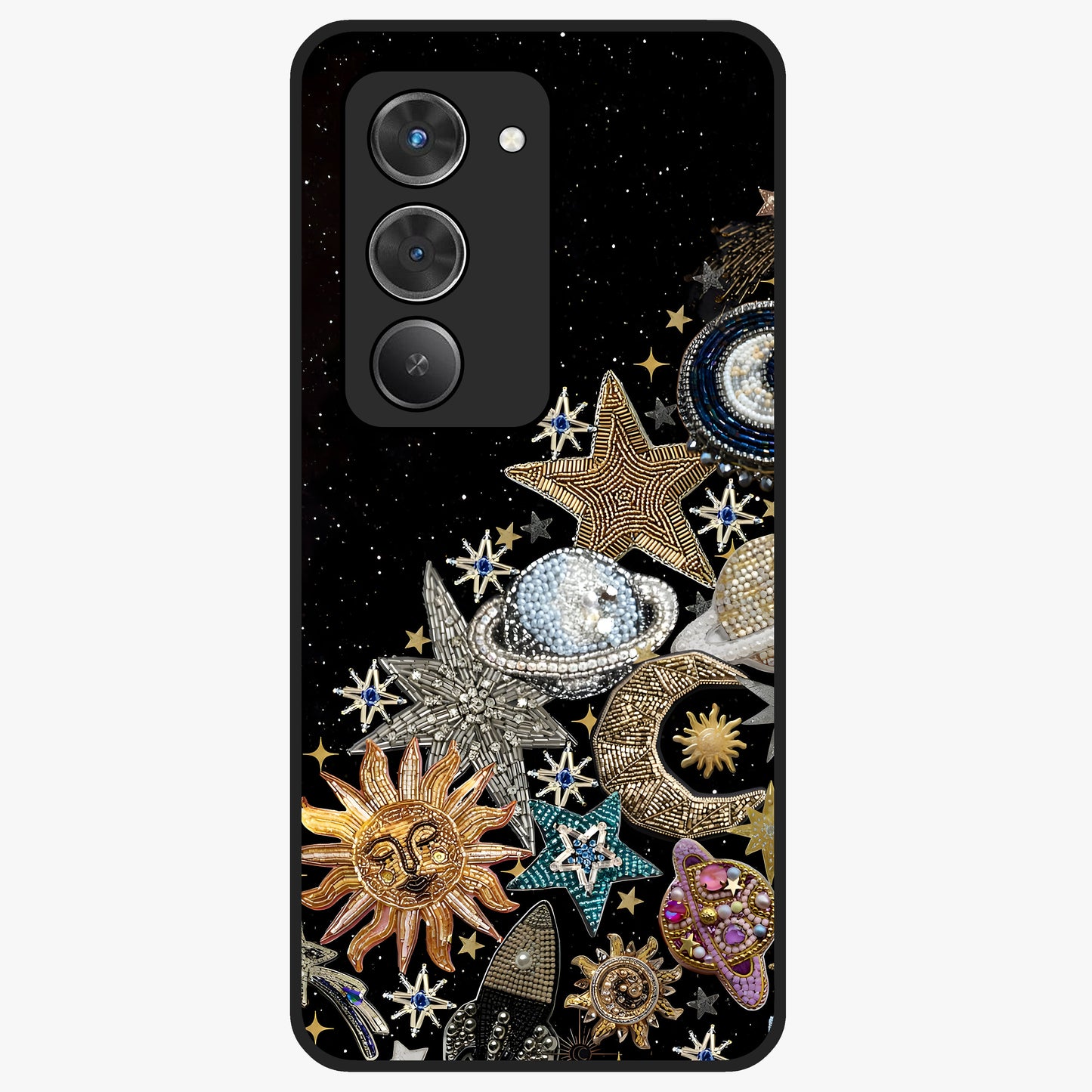 Cosmic Sparkle Dreams Glass Case showing flat back view with sparkling cosmic artwork and glossy glass finish.