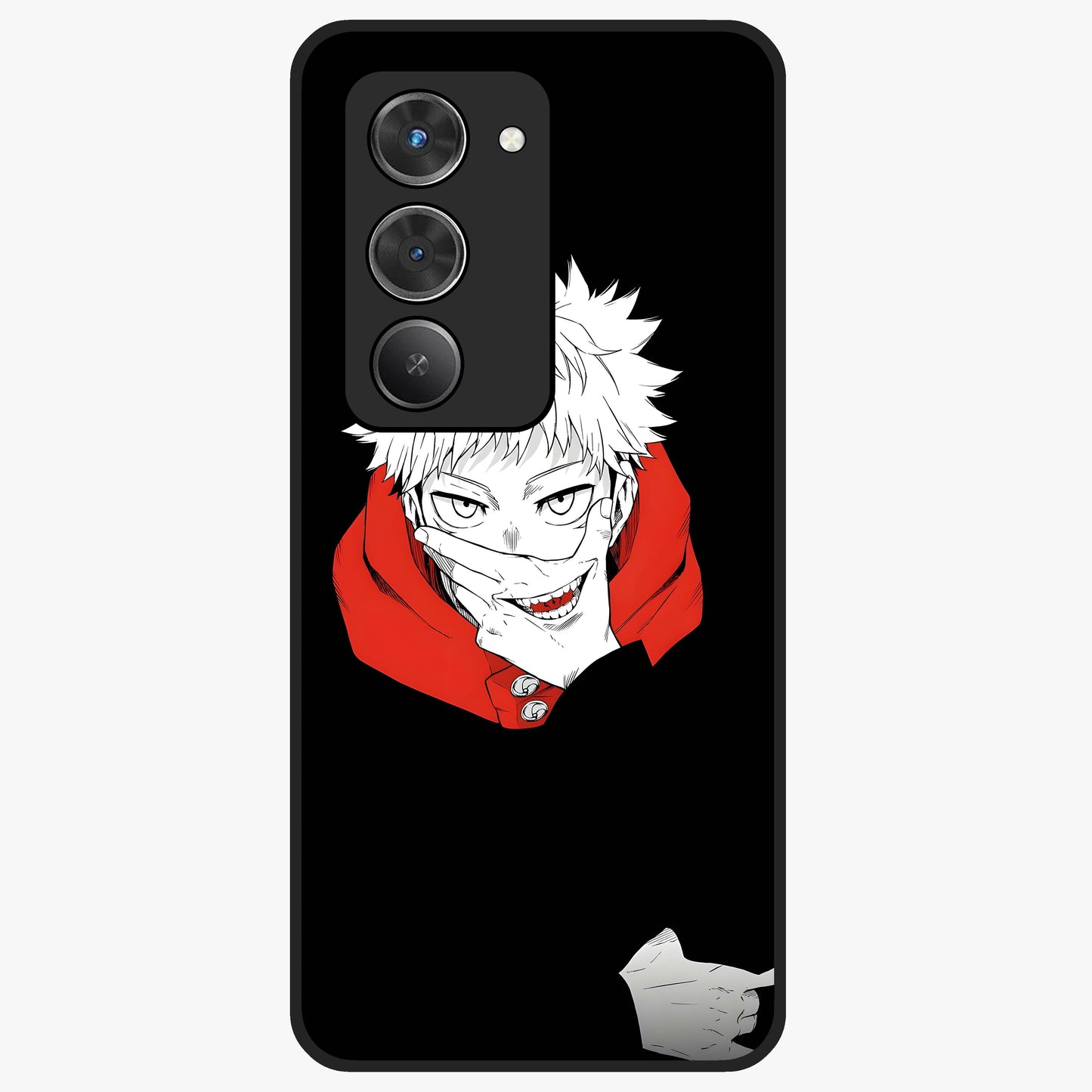 Crimson Chaos Smile Glass Case showing flat back view with bold chaotic smile artwork and glossy glass finish.
