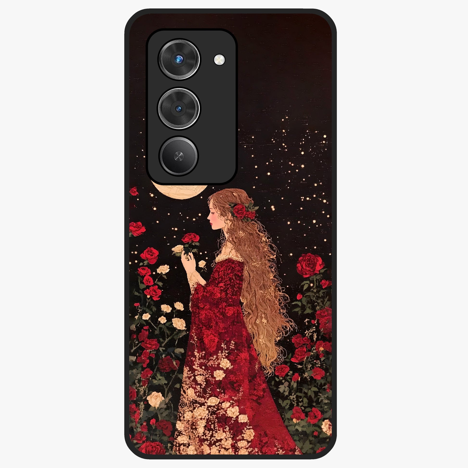 Crimson Dreams Glass Case showing flat back view with dreamy crimson artwork and glossy glass finish.