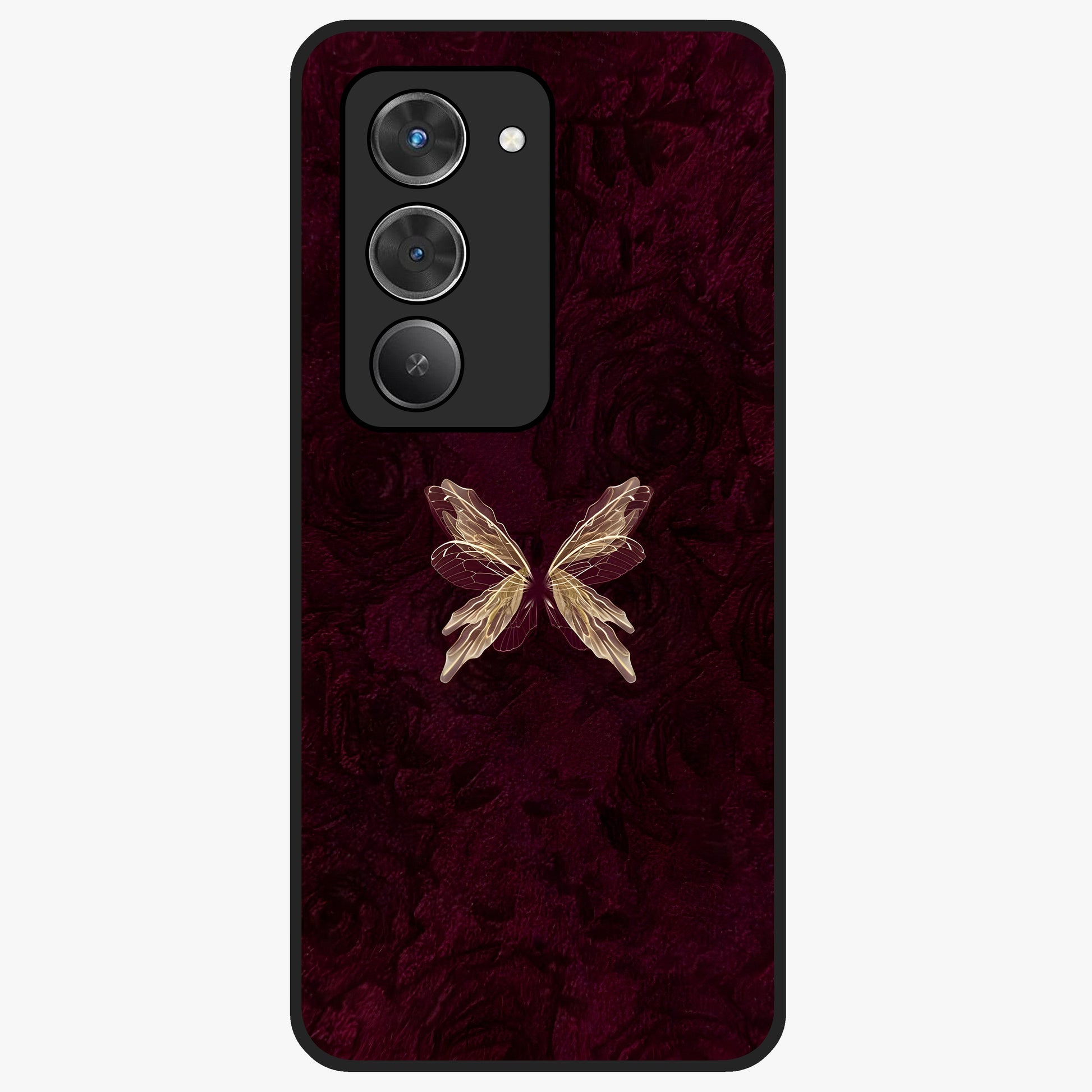 Crimson Fade Butterfly Glass Case showing flat back view with fading butterfly artwork and glossy glass finish.