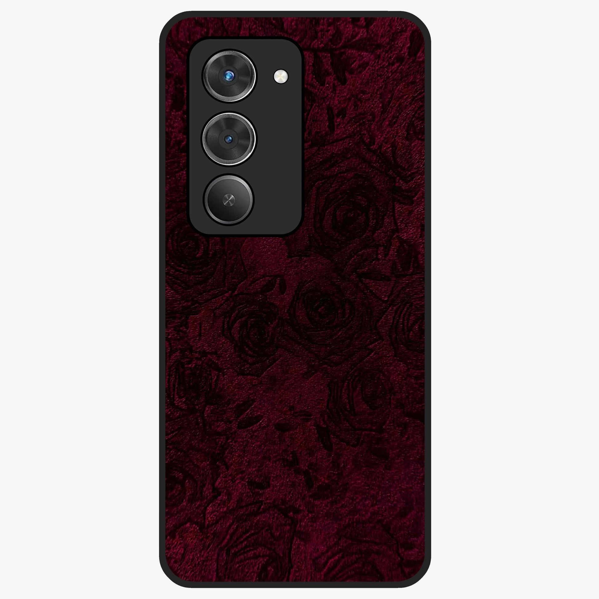 Crimson Fade Flow Glass Case showing flat back view with flowing crimson gradient artwork and glossy glass finish.