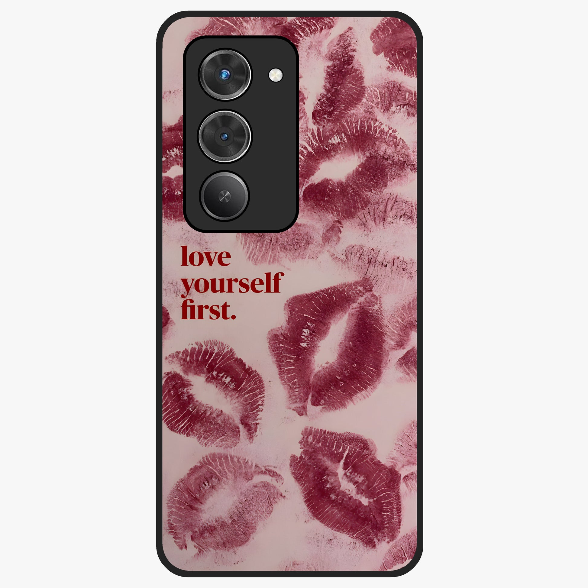Crimson Kiss Love Glass Case showing flat back view with romantic crimson themed artwork and glossy glass finish.