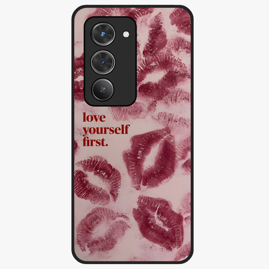 Crimson Kiss Love Glass Case showing flat back view with romantic crimson themed artwork and glossy glass finish.