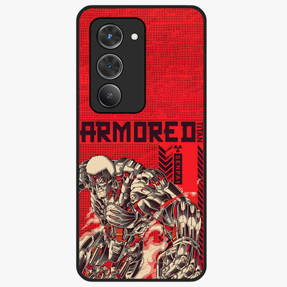 Crimson Mecha Titan Glass Case showing flat back view with powerful mech titan artwork and glossy glass finish.